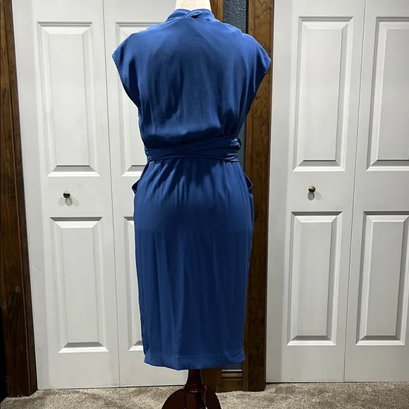 MM Lafleur Blue Wrap Tie Front Sheath Dress - Picture 4 of 8